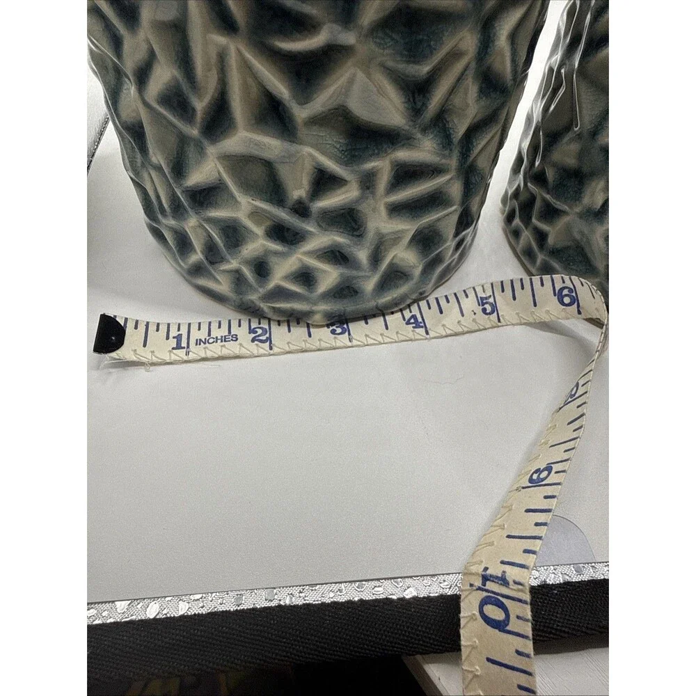 Set Of 2 Textured Blue And White Vases 6” And 8”Tall By 5” Diameter